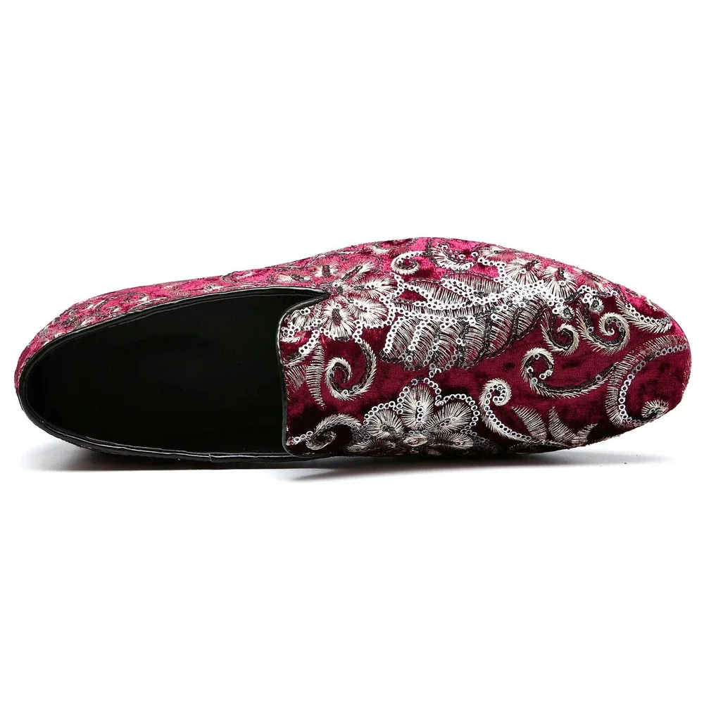 Santimon‎ Men's US 12 Red Velvet Silver Stitching Smoking Loafers Dress Shoes